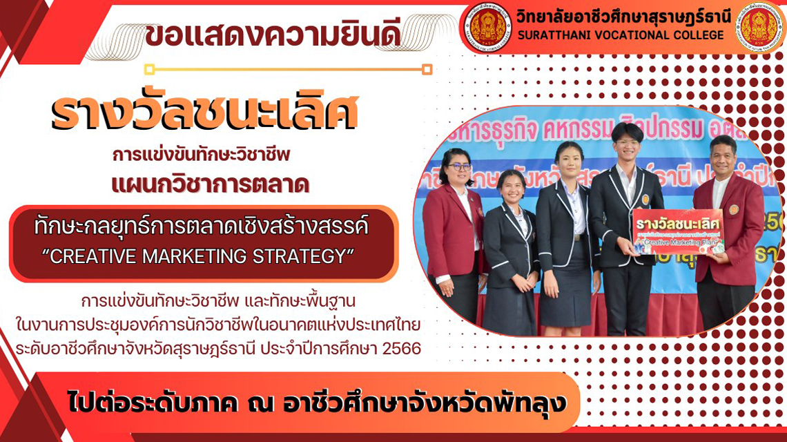 ขอแสดงความยินดี กับแผนกวิชาการตลาด คว้ารางวัลชนะเลิศ จากการแข่งขันทักษะกลยุทธ์การตลาดเชิงสร้างสรรค์  "CREATIVE MARKETING STRATEGY" ไปต่อระดับภาค